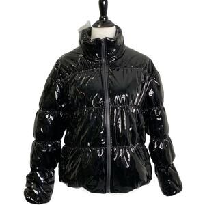 Scripted Puffer Jacket Womens Sz L Black Glossy Long Sleeve Full Zip Modern